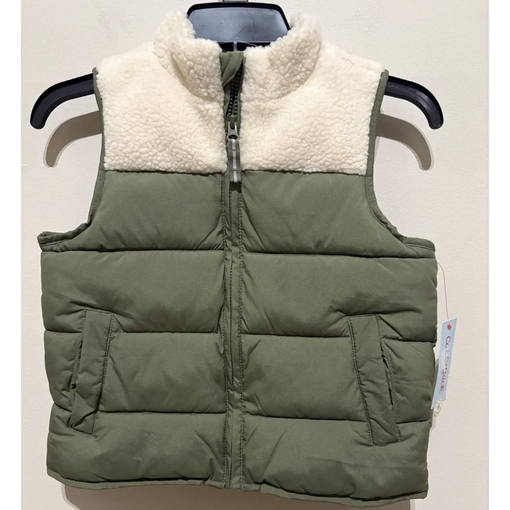 Cat & Jack Kids Green Sherpa Puffer Vest Size S 6/7 Colorblock Quilted Full Zip